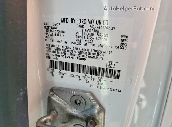 NM0LS7S22N1538809 2022 FORD TRANSIT White VIN კოდის სტიკერის ხედი