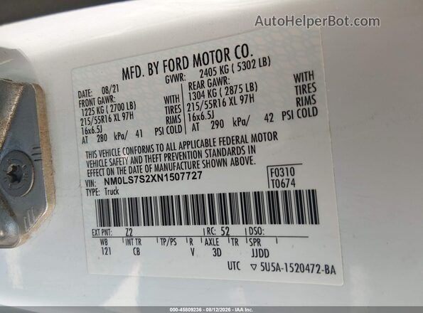 NM0LS7S2XN1507727 2022 FORD TRANSIT CONNECT White Vista del compartimento del motor