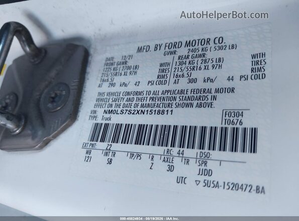 NM0LS7S2XN1518811 2022 FORD TRANSIT CONNECT White Vista del compartimento del motor