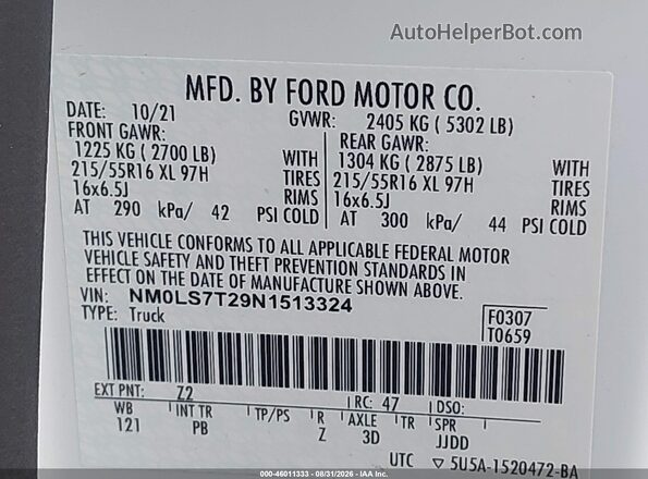NM0LS7T29N1513324 2022 FORD TRANSIT CONNECT White Vista del compartimento del motor