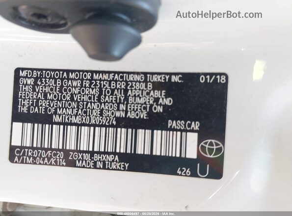 NMTKHMBX0JR059274 2018 TOYOTA C-HR White Engine compartment view