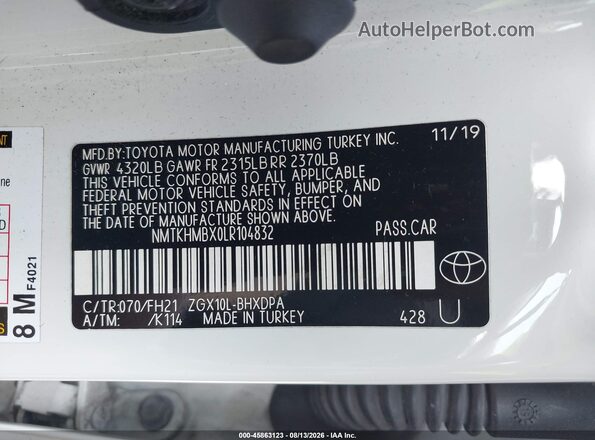 NMTKHMBX0LR104832 2020 TOYOTA C-HR White Շարժիչի բաժամունքի տեսք