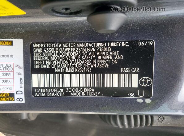 NMTKHMBX1KR094293 2019 TOYOTA C-HR Charcoal VIN sticker view