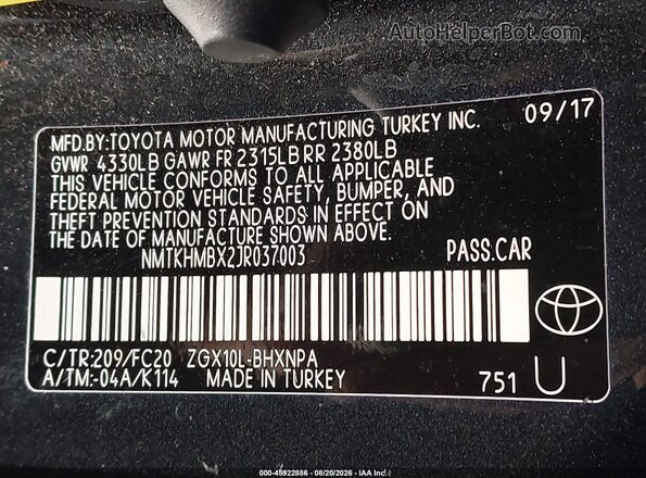 NMTKHMBX2JR037003 2018 TOYOTA C-HR Black Вид підкапотного простору