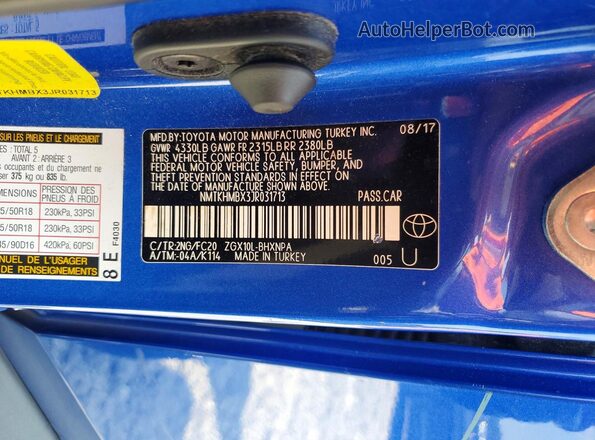 NMTKHMBX3JR031713 2018 TOYOTA C-HR Blue Vista del compartimento del motor