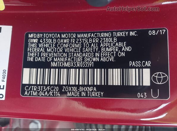 NMTKHMBX3JR033591 2018 TOYOTA C-HR Red Vista del compartimento del motor