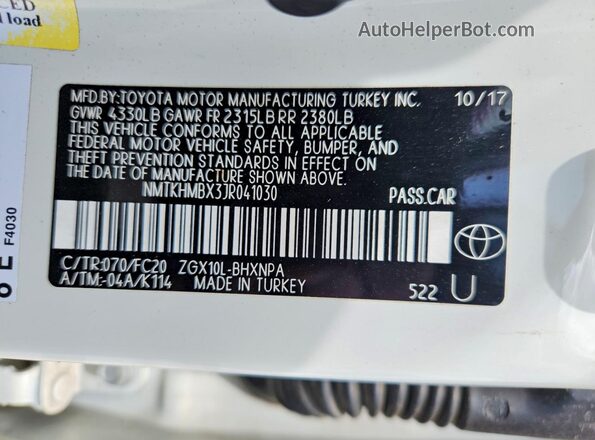 NMTKHMBX3JR041030 2018 TOYOTA C-HR White ძრავის განყოფილების ხედი