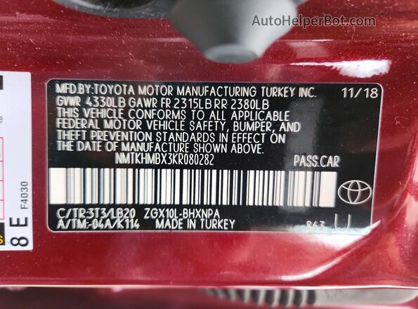 NMTKHMBX3KR080282 2019 TOYOTA C-HR Red Vista de la etiqueta del VIN