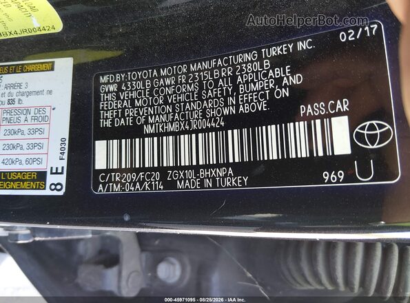 NMTKHMBX4JR004424 2018 TOYOTA C-HR Black Widok komory silnika