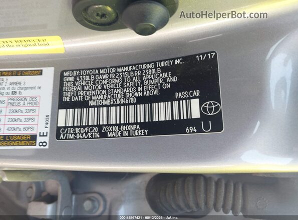 NMTKHMBX5JR046780 2018 TOYOTA C-HR Silver ძრავის განყოფილების ხედი