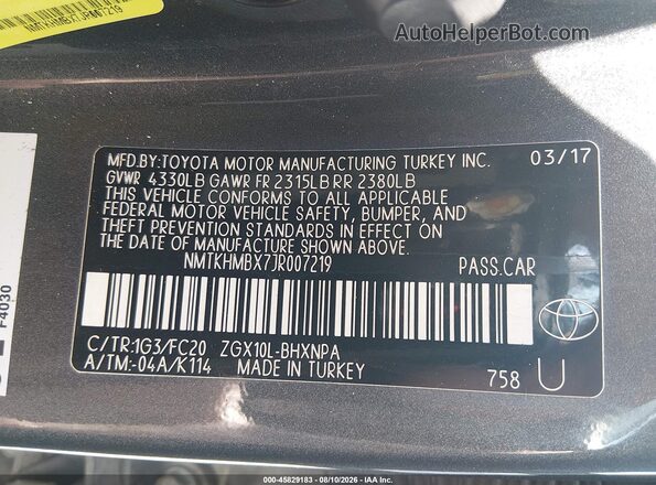 NMTKHMBX7JR007219 2018 TOYOTA C-HR Gray Շարժիչի բաժամունքի տեսք