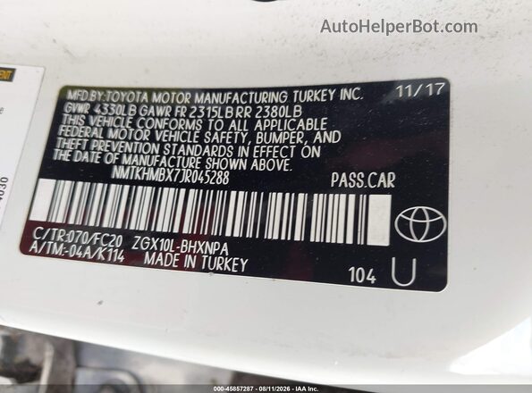 NMTKHMBX7JR045288 2018 TOYOTA C-HR White ძრავის განყოფილების ხედი