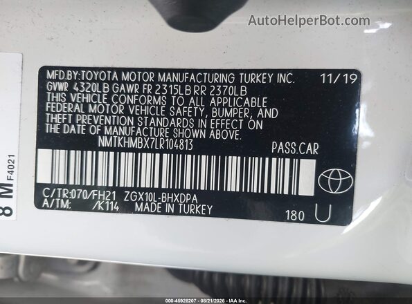 NMTKHMBX7LR104813 2020 TOYOTA C-HR White Vista del compartimento del motor