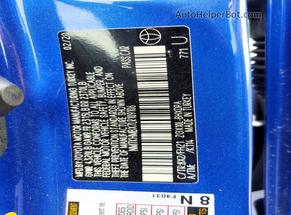 NMTKHMBX7LR109106 2020 TOYOTA C-HR Blue VIN კოდის სტიკერის ხედი