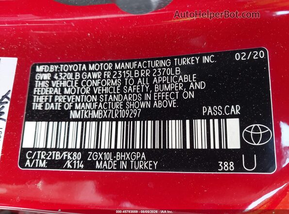 NMTKHMBX7LR109297 2020 TOYOTA C-HR Красный Вид подкапотного пространства