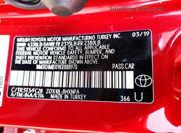 NMTKHMBX9KR088970 2019 TOYOTA C-HR Red Vista de la etiqueta del VIN