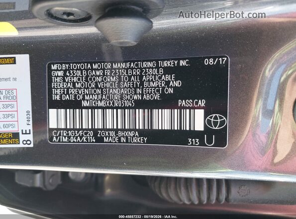 NMTKHMBXXJR031045 2018 TOYOTA C-HR Gray Vista del compartimento del motor