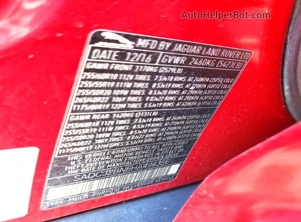SADCJ2BN6HA494356 2017 JAGUAR F-PACE Red Vista de la etiqueta del VIN