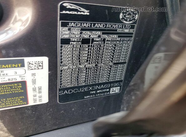 SADCJ2EX3NA691963 2022 JAGUAR F-PACE Gray Вид наклейки з VIN-кодом