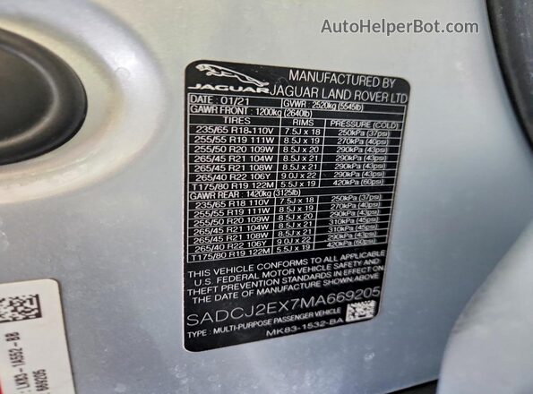 SADCJ2EX7MA669205 2021 JAGUAR F-PACE Silver Engine compartment view