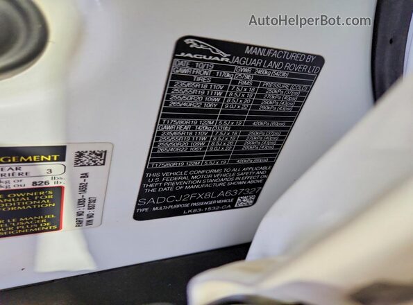 SADCJ2FX8LA637327 2020 JAGUAR F-PACE White VIN sticker view