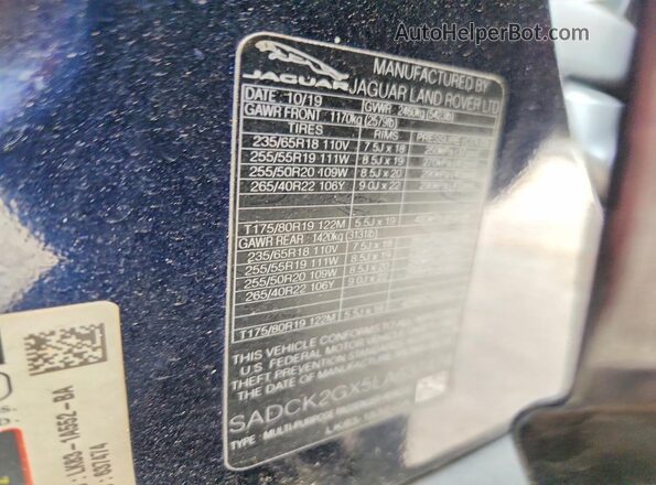 SADCK2GX5LA637474 2020 JAGUAR F-PACE Blue VIN sticker view