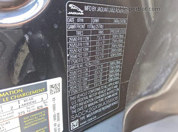 SADCK2GX9KA356938 2019 JAGUAR F-PACE Black Vista interior de 360 grados