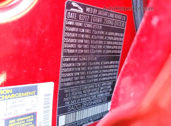 SADCL2BV5HA894709 2017 JAGUAR F-PACE Red Vista de la etiqueta del VIN