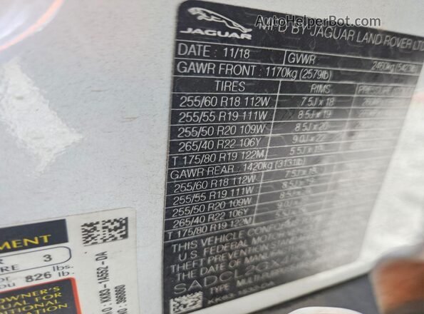 SADCL2GX4KA396860 2019 JAGUAR F-PACE White Engine compartment view