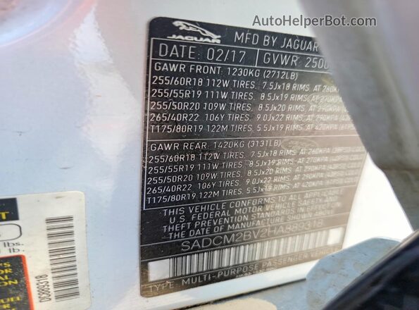 SADCM2BV2HA889318 2017 JAGUAR F-PACE White Вид наклейки з VIN-кодом