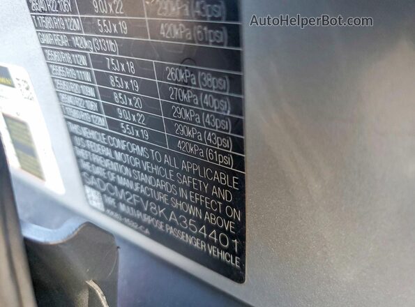 SADCM2FV8KA354401 2019 JAGUAR F-PACE Silver Вид наклейки з VIN-кодом