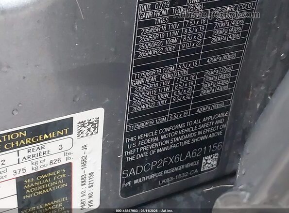 SADCP2FX6LA621156 2020 JAGUAR F-PACE Серебряный Вид подкапотного пространства