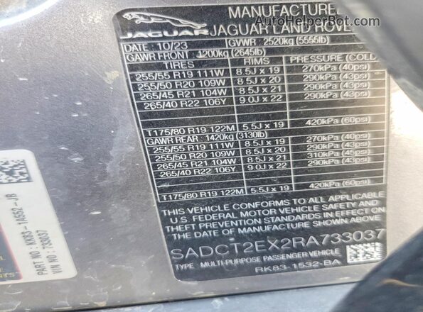 SADCT2EX2RA733037 2024 JAGUAR F-PACE Gray Vista de la etiqueta del VIN