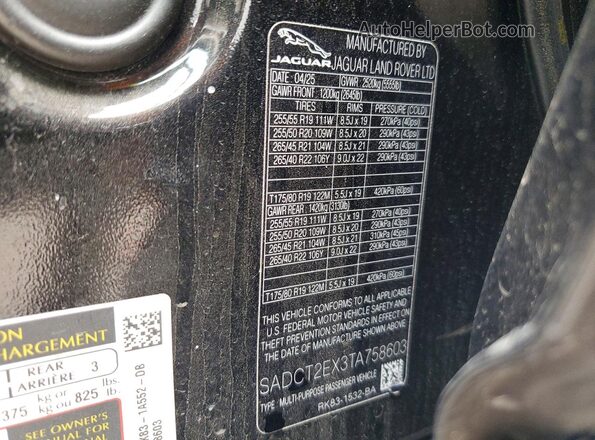 SADCT2EX3TA758603 2026 JAGUAR F-PACE Black VIN კოდის სტიკერის ხედი