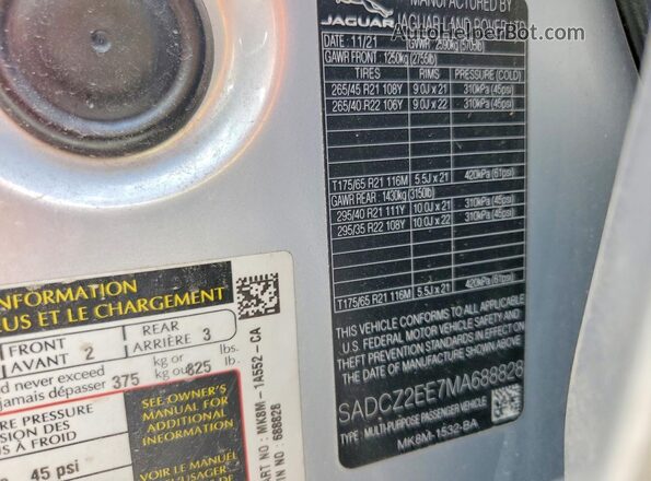 SADCZ2EE7MA688828 2021 JAGUAR F-PACE Серебряный Вид наклейки с VIN-кодом