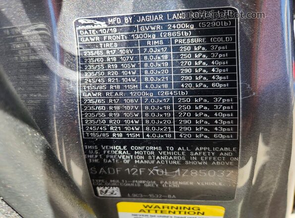 SADF12FX0L1Z85037 2020 JAGUAR E-PACE Gray Vista de la etiqueta del VIN