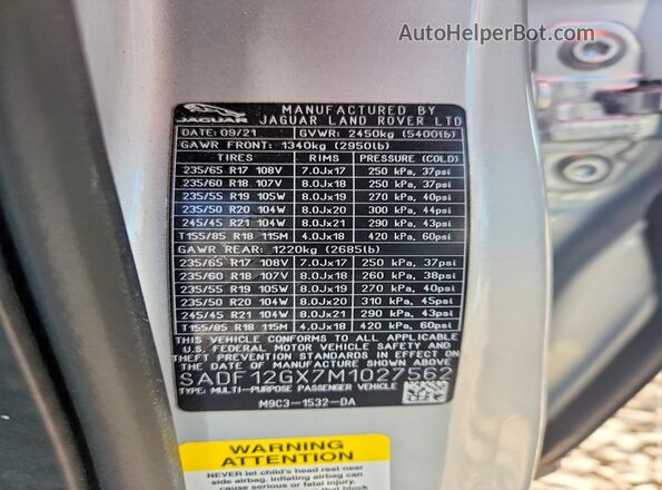 SADF12GX7M1027562 2021 JAGUAR E-PACE Silver Vista de la etiqueta del VIN