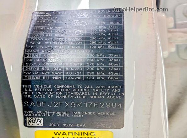 SADFJ2FX9K1Z62984 2019 JAGUAR E-PACE White Vista interior de 360 grados