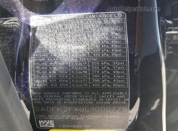 SADFK2FX0L1000779 2020 JAGUAR E-PACE Черный Вид наклейки с VIN-кодом
