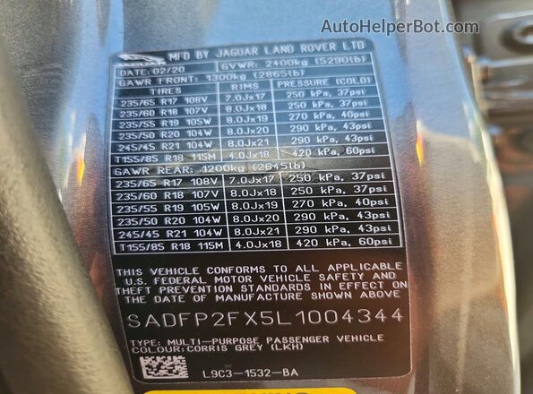 SADFP2FX5L1004344 2020 JAGUAR E-PACE Gray Vista interior de 360 grados