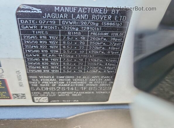 SADHB2S14L1F85329 2020 JAGUAR I-PACE White Вид наклейки з VIN-кодом