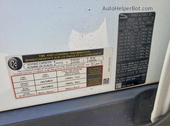 SADHD2S17L1F78997 2020 JAGUAR I-PACE White Вид підкапотного простору