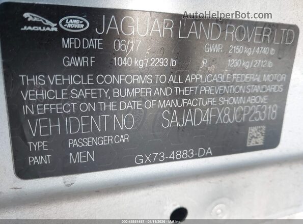 SAJAD4FX8JCP25318 2018 JAGUAR XF Silver Vista del compartimento del motor