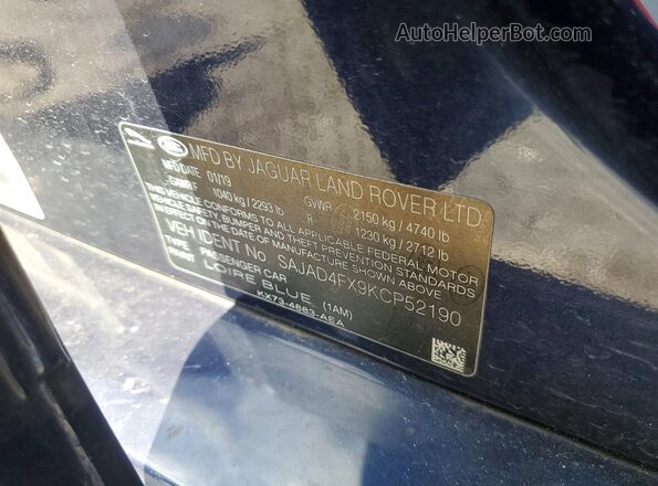 SAJAD4FX9KCP52190 2019 JAGUAR XF Blue ძრავის განყოფილების ხედი
