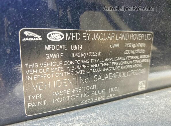 SAJAE4FX3LCP60249 2020 JAGUAR XF Black Vista de la etiqueta del VIN