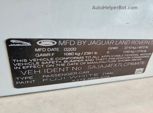 SAJAJ4FX7LCP64476 2020 JAGUAR XF Белый Вид наклейки с VIN-кодом