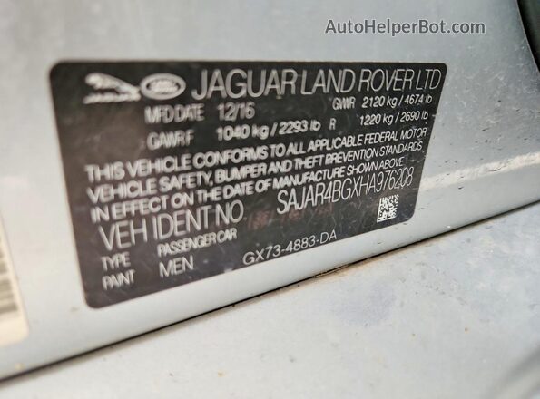 SAJAR4BGXHA976208 2017 JAGUAR XF Gray Vista de la etiqueta del VIN