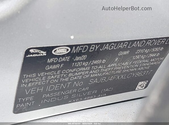 SAJBJ4FXXLCY86317 2020 JAGUAR XF Silver Vista del compartimento del motor