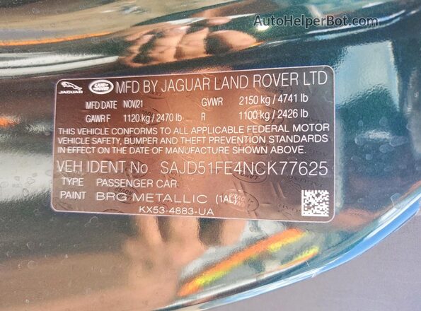 SAJD51FE4NCK77625 2022 JAGUAR F-TYPE Green Вид підкапотного простору