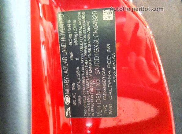 SAJDD1GX3LCK64929 2020 JAGUAR F-TYPE Red Engine compartment view